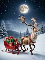 Photo Of Christmas Reindeer Pulling A Sleigh Filled With Ornaments And Gifts Over A Moonlit Snowy Hill. AI Generated