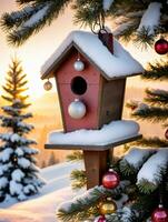 foto de Navidad nevado pajarera en un pino árbol decorado con adornos con el amanecer echar un vistazo mediante el horizonte. ai generado