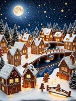 Photo Of Christmas Gingerbread Village With A Snowy Bridge And Lanterns Under A Starry Winter Night. AI Generated