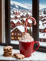 Photo Of Christmas Hot Cocoa Mug With A Candy Cane Stirrer Beside StarShaped Cookies On A Window Sill Overlooking A Snowy Town Square. AI Generated
