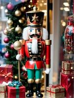 Photo Of Christmas Nutcracker Holding A Lantern Beside A Pile Of Wrapped Presents In A Toy ShopS Display Window. AI Generated