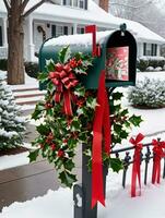foto de Navidad acebo ramas decorando un buzón lleno con Navidad tarjetas y cintas conjunto en contra un fondo de un cubierto de nieve frente patio trasero. ai generado