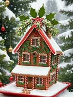 Photo Of Christmas Mistletoe Atop A Gingerbread House With A SnowCovered Roof Nestled Between Tall Pine Trees. AI Generated