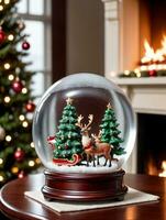 Photo Of Christmas Snow Globe With A Christmas Tree Sleigh And Reindeer Inside Placed On A Mahogany Table Beside A Roaring Fireplace. AI Generated