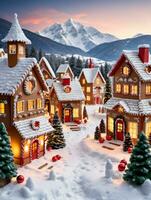 Photo Of Christmas Snowy Village With Lanterns And A Gingerbread House Display Set Against Distant Mountain Peaks. AI Generated