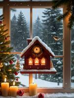 Photo Of Christmas Candlelit Window With A View Of A Snowy Birdhouse And Pine Tree With ChildrenS Playful Laughter Echoing. AI Generated