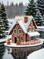 Photo Of Christmas Gingerbread House With A SnowCovered Roof And Jingle Bell Decorations Beside A Frozen Pond. AI Generated