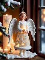foto de Navidad ángel ornamento junto a un Nevado ventana con colgando medias con el suave resplandor de un cerca aldea. ai generado