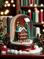 foto de Navidad nieve globo presentando un Navidad Iniciar sesión acebo hojas y caramelo bastones en un estante para libros lleno con Navidad cuentos. ai generado