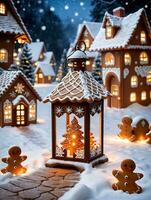 Photo Of Christmas Lantern Illuminating A Path Of Gingerbread Cookies And Snowflakes In A Magical Elf Village. AI Generated