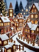 Photo Of Christmas Gingerbread Village Display With A Snowy Bridge And Lanterns Against The Backdrop Of A Bustling Christmas Market. AI Generated