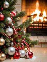 Photo Of Christmas Pine Tree Branches Decorated With Jingle Bells And Candy Canes Against The Soft Glow Of A Fireplace. AI Generated