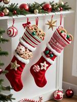 Photo Of Christmas Stockings Filled With StarShaped Cookies Baubles And Candy Canes In A ChildS Bedroom. AI Generated