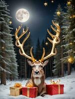 Photo Of Christmas Reindeer Antlers Beside A Pile Of Gifts Wrapped In Golden Stars In A Moonlit Forest Clearing. AI Generated