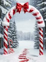 Photo Of Christmas Snowy Footprints Leading To A Candy Cane Arch With Hanging Stockings Set Against The Backdrop Of A Snowy Forest. AI Generated