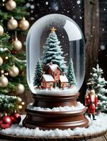 foto de Navidad nieve globo con un Navidad árbol Nevado pueblo y cascanueces dentro metido en un antiguo de madera mesa. ai generado