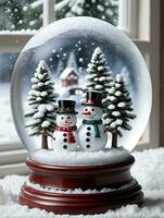 Photo Of Christmas Snow Globe Featuring A Snowman Pine Tree And Snowy Bridge Placed On A Snowy Windowsill. AI Generated