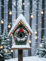 foto de Navidad nevado pajarera con hada luces y un guirnalda en parte superior conjunto en contra el fondo de un sereno invierno bosque. ai generado