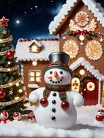 foto de Navidad monigote de nieve vistiendo un guirnalda collar participación un linterna junto a un pan de jengibre casa con un fondo de un centelleo noche cielo. ai generado