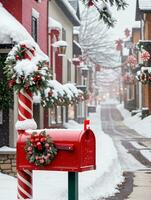 foto de Navidad nevado buzón lleno con caramelo bastones y vaso adornos conjunto en contra el fondo de un Nevado pueblo calle. ai generado