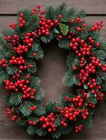 Photo Of Christmas Wreath With Red Berries. AI Generated