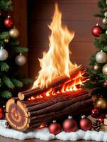 Photo Of Christmas Yule Log Burning Brightly. AI Generated