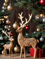 Photo Of Christmas Carved Wooden Reindeer. AI Generated