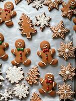 Photo Of Christmas Gingerbread Cookies On A Baking Sheet. AI Generated