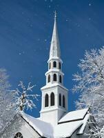 Photo Of Christmas SnowCovered Church Steeple. AI Generated