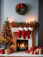 Photo Of Christmas Cozy Fireplace With Stockings. AI Generated