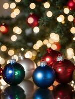 Photo Of Christmas Ornaments Reflecting Twinkling Lights. AI Generated