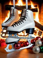 Photo Of Christmas Ice Skates Hanging By A Fire. AI Generated