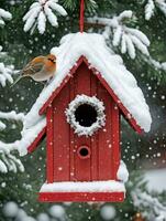 Photo Of Christmas SnowCovered Birdhouse. AI Generated