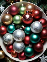 Photo Of Christmas Glistening Ornaments In A Bowl. AI Generated