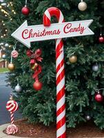 Photo Of Christmas Candy Cane Lane Signpost. AI Generated