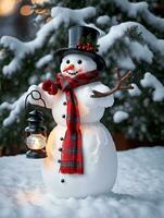 Photo Of Christmas Snowman Holding A Lantern. AI Generated