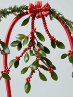 Photo Of Christmas Mistletoe Atop A Candy Cane Arch. AI Generated