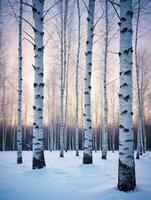 foto de Navidad Nevado abedul arboles a crepúsculo. ai generado