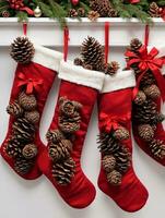 Photo Of Christmas Stockings Filled With Pinecones. AI Generated
