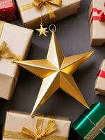 Photo Of Christmas Golden Star Atop A Pile Of Gifts. AI Generated