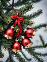 Photo Of Christmas Jingle Bells On A Christmas Tree Branch. AI Generated