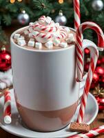 Photo Of Christmas Hot Cocoa Mug With A Candy Cane Stirrer. AI Generated