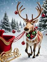 Photo Of Christmas Reindeer Pulling A Sleigh Of Ornaments. AI Generated