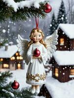 Photo Of Christmas Angel Ornament Looking Over A Snowy Village. AI Generated