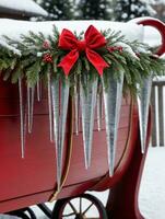 Photo Of Christmas Icicles Hanging From A Sleigh. AI Generated