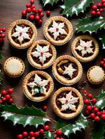 Photo Of Christmas Mince Pies Surrounded By Holly Leaves. AI Generated