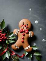 Photo Of Christmas Gingerbread Man Standing Near Mistletoe. AI Generated