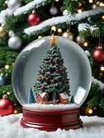 foto de Navidad nieve globo con un Navidad árbol adentro. ai generado