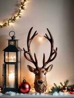 foto de Navidad reno cornamenta junto a un linterna. ai generado