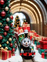 Photo Of Christmas Toy Train Going Through A Tunnel Of Gifts. AI Generated